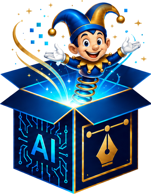 Jack — a mischievous jester springing out of an AI box